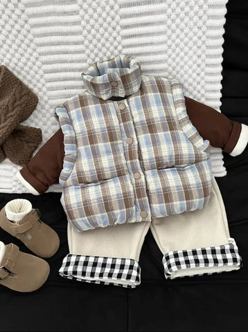 Brown Puppy Top + Plaid Vest + Beige Pants 3-Piece Outfit