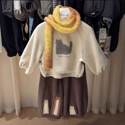 Cat Print Cream & Brown 2-Piece Outfit